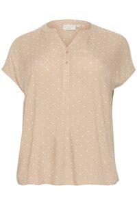 Beige blůza s krátkým rukávem a bílými puntíky, lehký materiál, výstřih do V a čtyři přední knoflíky pro zapínání.