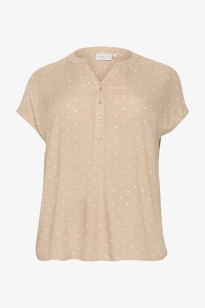 Bluză bej cu mânecă scurtă, cu buline albe, dintr-un material ușor, cu decolteu în V și patru nasturi în față pentru închidere.
