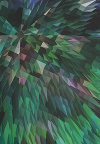 Geometrisch kunstwerk met driehoekige vormen in verschillende tinten groen en blauw, dat een dynamische, gelaagde textuur creëert. Centraal logo zichtbaar.