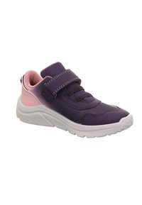 Dětské tenisky v purpurové a růžové barvě s bílou podrážkou, síťovinovým svrškem, elastickými šňůrkami a zapínáním na suchý zip.