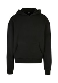 Sudadera de algodón negra con un bolsillo frontal, mangas largas y capucha con cordones. Textura suave y diseño de corte relajado.