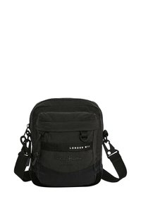 Borsa a tracolla nera in tessuto con superficie trapuntata, tasca frontale, cinghia regolabile, chiusura con zip e logo "Pepe Jeans London".