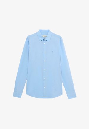 Jasnoniebieska koszula z długim rękawem wykonana z gładkiego materiału; posiada klasyczny kołnierzyk oraz zapięcie na guziki z przodu; małe haftowane logo na piersi.