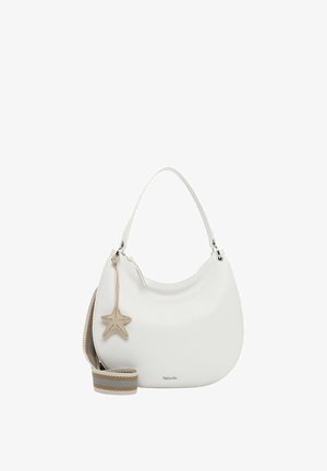 Sac bandoulière en cuir blanc à forme courbée, orné d'un charm étoile de mer beige et équipé d'une sangle amovible rayée beige et blanche.