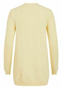Light yellow long-sleeve cardigan with a round neckline, ribbed cuffs, and hem. Soft texture and a relaxed fit, featuring solid color without patterns.