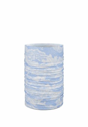 Light blue and white fabric neck gaiter with subtle botanical pattern, displayed upright on a white background.