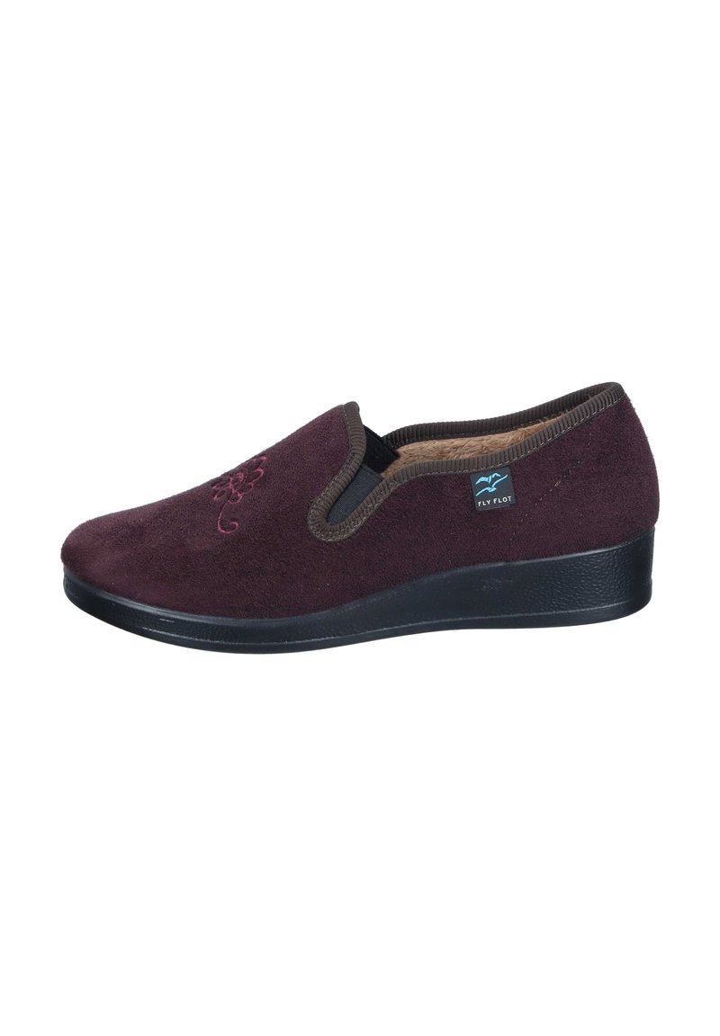 Burgundy suede slipper with a low black wedge heel. Features embroidered floral design and elastic side for easy wear.