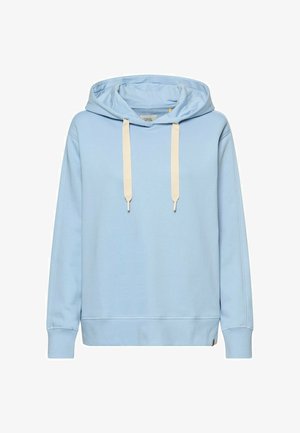 Light blue hoodie made of soft fabric, featuring a drawstring hood, ribbed cuffs, and hem, with a simple design and no patterns.