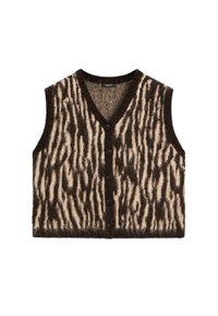 Gilet en laine sans manches avec texture duveteuse, motif animalier marron et beige, col en V et cinq boutons devant.