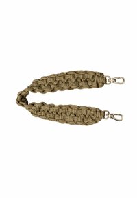 Paracord band in olijfgroen, met een gevlochten ontwerp en metalen clips aan elk uiteinde voor bevestiging. Duurzame en gestructureerde afwerking.