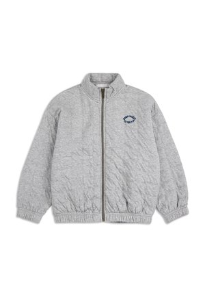 Hellgraue gesteppte Jacke mitdurchgehendem Reißverschluss, elastischen Bündchen und Saum sowie kleinem, navyfarbenem Textlogo auf der linken Brust.