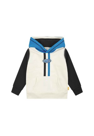 Felpa con cappuccio blu, corpo color crema e maniche nere. Presenta una tasca frontale e il logo "RACER" con strisce verticali blu e nere.