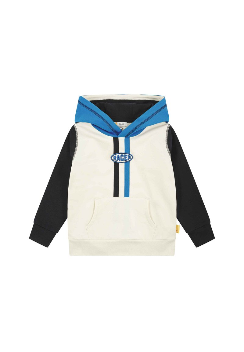 Hoodie met een blauwe capuchon, een crèmekleurig lichaam en zwarte mouwen. Bevat een voorzak en het "RACER" logo met verticale strepen in blauw en zwart.