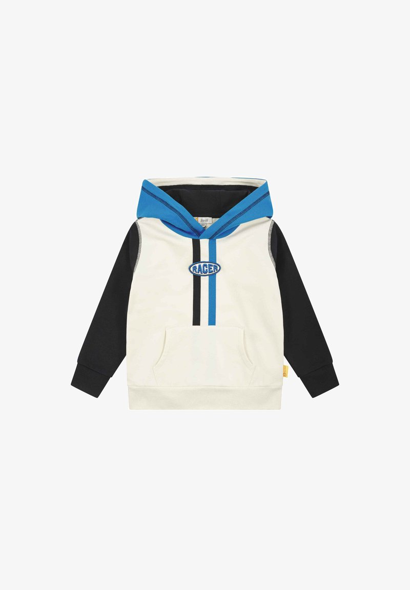 Sudadera con capucha azul, cuerpo crema y mangas negras. Cuenta con un bolsillo delantero y un logo "RACER" con rayas verticales en azul y negro.