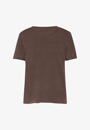 Bruine korte mouwen crew neck t-shirt van lichtgewicht stof. Gladde textuur met rechte zoom en een eenvoudig ontwerp.