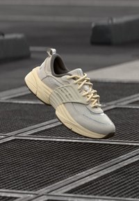 Hellgrauer Sportschuh mit beigen Akzenten, Obermaterial aus Mesh, dicke Sohle und beigen Schnürsenkeln. Verfügt über ein strukturiertes Muster auf der Seitenfläche.