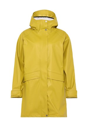 Gul vandtæt regnjakke med hætte, der har en lige pasform, trykknaplukning og to forlommer. Fremstillet af Galon®-materiale.