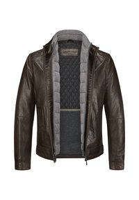 Braune Lederjacke mit einem gesteppten grauen Futter, Reißverschluss vorne und Stehkragen. Sie verfügt über Seitentaschen und eine glatte Textur.