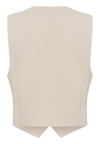 Veste sans manches beige avec une coupe ajustée, une texture lisse et un ourlet arrière subtilement en forme de V. Style minimaliste sans aucun élément visible.