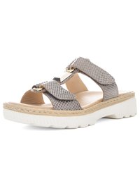 Open-toe women's sandal with padded beige and gray patterned straps, gold-tone accents, and thick white ridged sole.