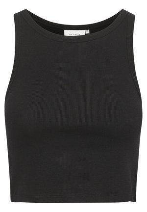 Top corto a coste nero realizzato in tessuto elasticizzato. Presenta un collo rotondo e una linea senza maniche, con bordi puliti e rifiniti.