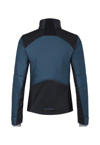 Blå och svart isolerad jacka med hög krage, texturerad tyg och kontrasterande paneldesign på ryggen och axlarna.