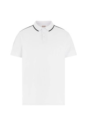 Polo shirt blanc en coton, avec une patte de boutonnage à trois boutons, des finitions noires le long du col et des manches, manches courtes et une coupe classique.