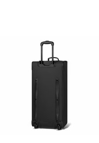 Valise rigide noire avec poignée rétractable et quatre roues. Présente une texture lisse et un design minimaliste. Aucun logo visible.