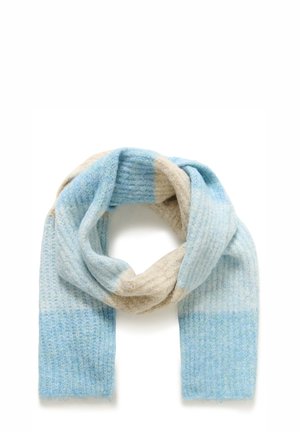 Knit scarf featuring a blued gradient with cream accents, soft texture, and ribbed pattern. Ideal for warmth and comfort.