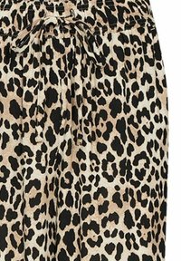 Leopard print fabric in beige and black, featuring an elastic waist with a tied drawstring for adjustability. Soft and textured appearance.