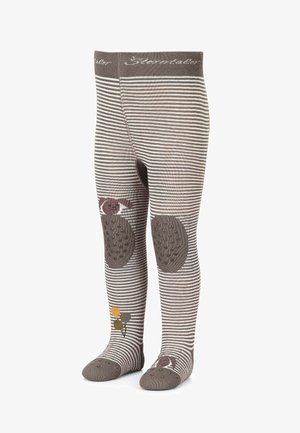 Striped leggings in brown tones with textured knee patches. Features colorful flower and balloon designs. Elastic waistband at the top.