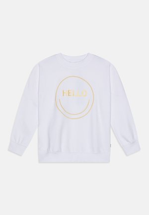 Felpa bianca in materiale morbido, con ricamo dorato "HELLO" e disegno di un volto sorridente sul davanti. Maniche lunghe con polsini.
