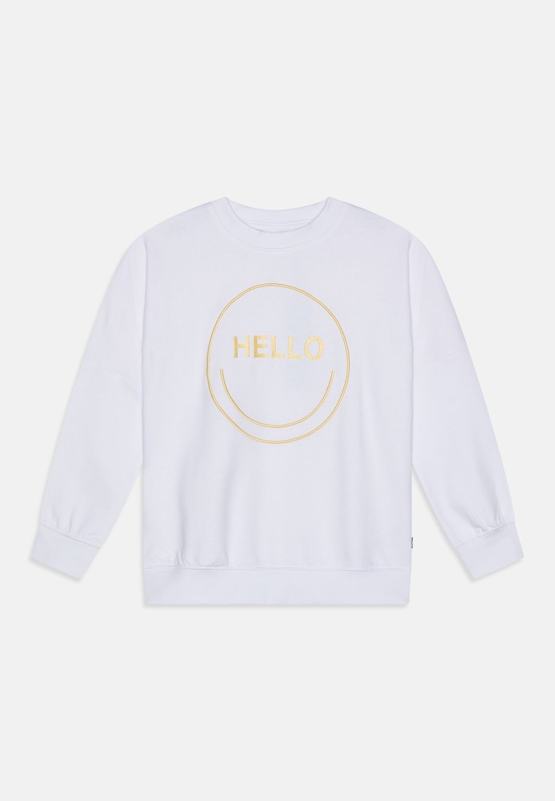 Sweatshirt blanc en matière douce, avec le mot "HELLO" brodé en or et un visage souriant sur le devant. Manches longues avec poignets.