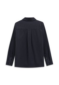 Navy blue long-sleeve shirt with thin pinstripes, a collar, and buttoned cuffs. Back pleat detail enhances structure. Soft fabric texture.