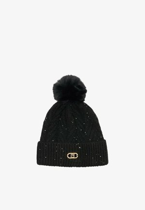 Berretto di maglia nero con risvolto a coste, caratterizzato da un motivo a zig-zag, paillettes sparse e un pompon in pelliccia sintetica sopra; accentuazione del logo dorato.