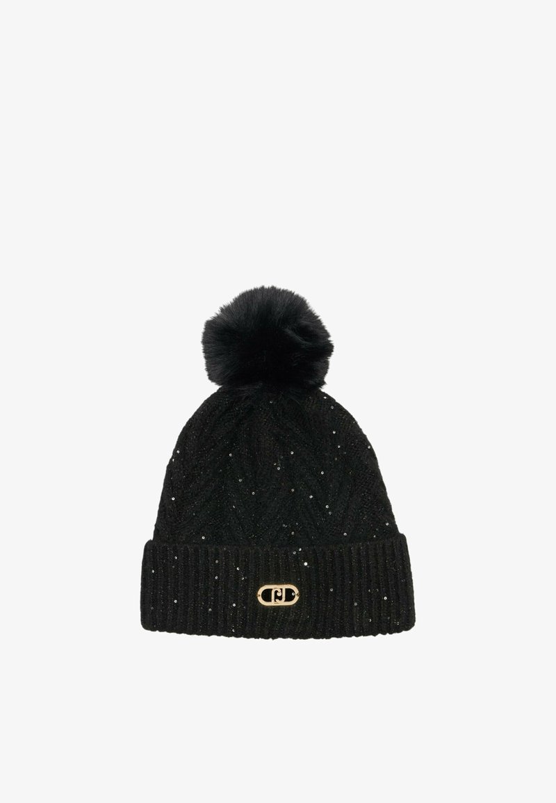 Black knit beanie with a ribbed cuff, featuring a chevron pattern, scattered sequins, and a faux fur pom-pom on top; gold logo accent.