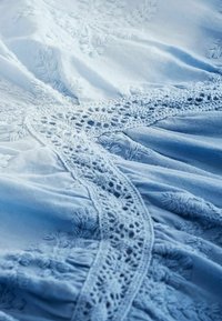 Tessuto azzurro chiaro con ricami intricati e dettagli in pizzo delicato. Morbida texture con motivi a strati che migliorano l'appeal visivo.
