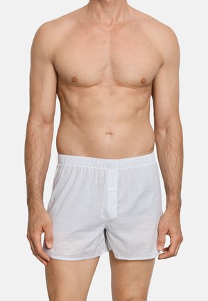 Mannelijke torso met witte, lichte, knoopsluitende boxershorts tegen een effen, lichte achtergrond.