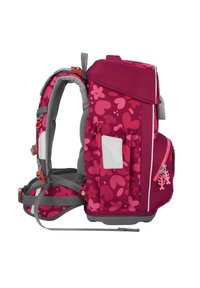 Roze en paarse rugzak met bloemenpatroon, grijze banden, zijvakken en een roze ritscompartiment. Heeft verstelbare banden.