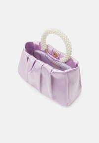 Lilac satin handbag with pleated design, pearl handle, and a gold snap closure. Interior lined in matching fabric. Stylish and compact shape.