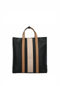 Borsa tote in pelle nera con due manici in pelle marrone chiaro e una striscia centrale beige. Texture liscia, forma rettangolare, hardware minimale.