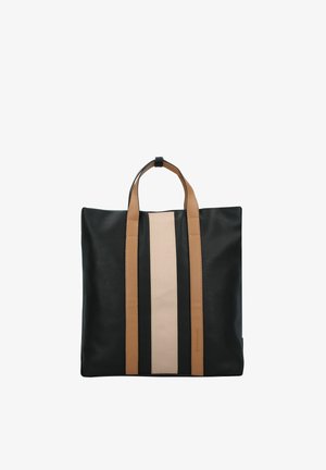 Sac fourre-tout en cuir noir avec deux anses en cuir beige et une bande centrale beige. Texture lisse, forme rectangulaire, matériel minimal.