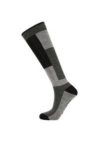 Knæhøje sokker med et geometrisk mønster i nuancer af sort, mørkegrå og lys grå, med ribbede kanter og en glat overflade.