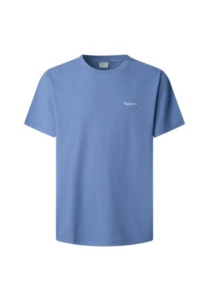 Niebieska koszulka z krótkim rękawem i okrągłym dekoltem, z małym białym logo "Pepe Jeans" na lewej piersi.