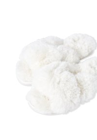 Pantofole in pelliccia sintetica bianca con una consistenza soffice, design open-toe e una morbida fascia sulla parte superiore per comfort e calore.