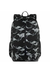 Zaino nero con silhouette di canguri grigi caratterizzato da pois, spallacci imbottiti e tasche laterali in rete.