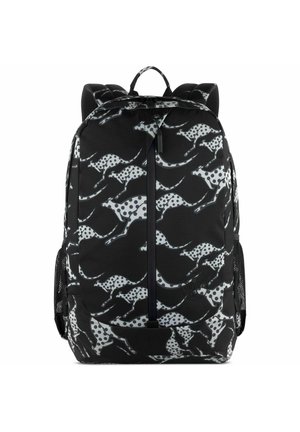 Schwarzer Rucksack mit grauen Känguru-Silhouetten, die mit Punkten versehen sind, gepolsterten Schultergurten und seitlichen Netzfächern.