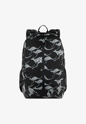 Zwarte rugzak met grijze kangoeroe-silhouetten met stippen, gewatteerde schouderbanden en zijnetvakjes.