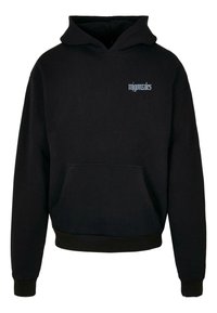 Svart hettegenser laget av vevd stoff med en frontlomme. Har hette med snor og brodert "mjgonzales"-logo i lyseblått.