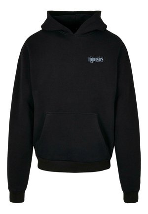 Schwarzer Kapuzenpullover aus gewebtem Stoff mit einer frontalen Tasche. Verfügt über eine Kapuze mit Kordelzug und ein gesticktes "mjgonzales"-Logo in Hellblau.